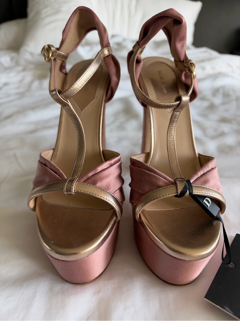 Elie Saab Rose Pink Satin & Gold Metallic Platform Sandals